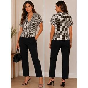 H&M Black & Cream Striped Draped Blouse Top Size Medium Minimalist Chic